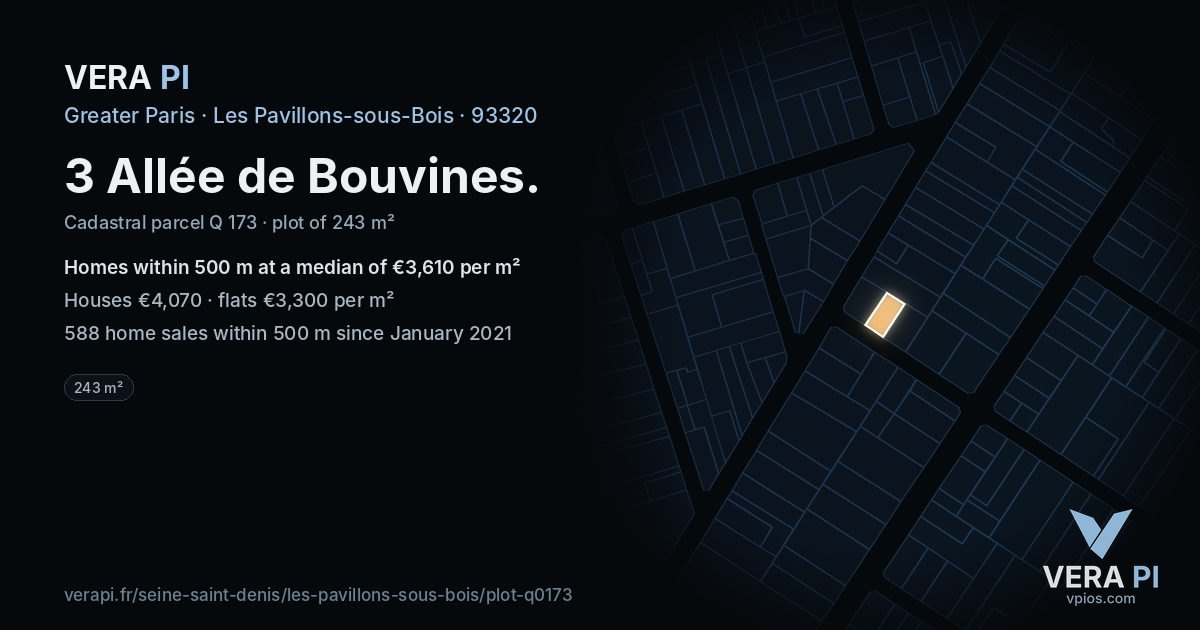 3 Allée de Bouvines, Les Pavillons-sous-Bois at night – the plot lit, the parcels around coloured by the prices near them