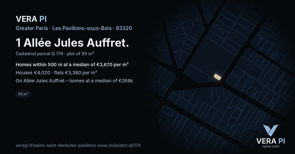 1 Allée Jules Auffret, Les Pavillons-sous-Bois at night – the plot lit, the parcels around coloured by the prices near them
