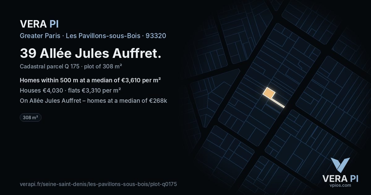 39 Allée Jules Auffret, Les Pavillons-sous-Bois at night – the plot lit, the parcels around coloured by the prices near them
