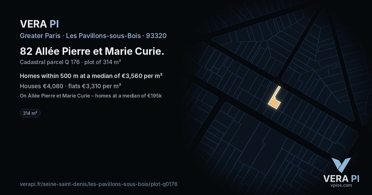 82 Allée Pierre et Marie Curie, Les Pavillons-sous-Bois at night – the plot lit, the parcels around coloured by the prices near them