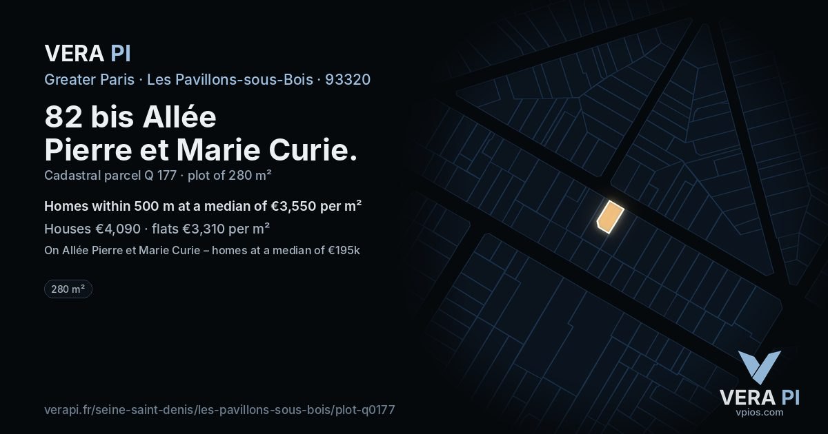 82 bis Allée Pierre et Marie Curie, Les Pavillons-sous-Bois at night – the plot lit, the parcels around coloured by the prices near them
