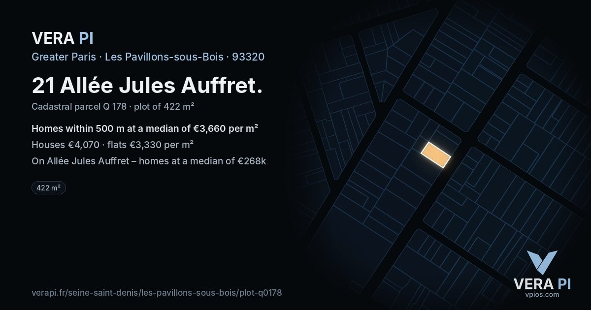21 Allée Jules Auffret, Les Pavillons-sous-Bois at night – the plot lit, the parcels around coloured by the prices near them