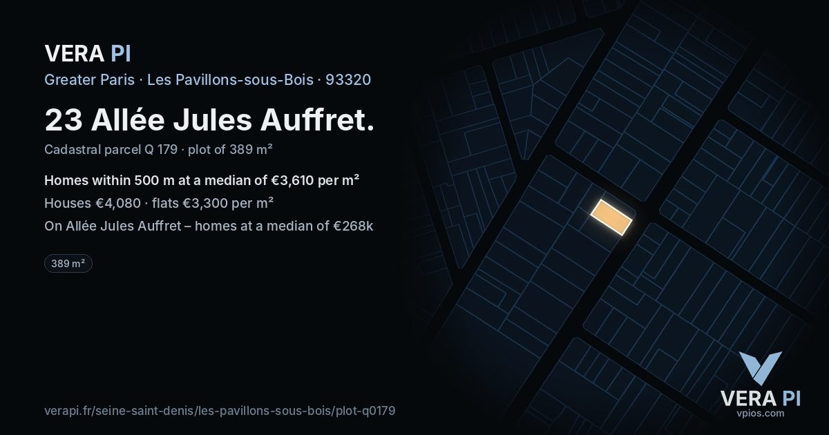 23 Allée Jules Auffret, Les Pavillons-sous-Bois at night – the plot lit, the parcels around coloured by the prices near them