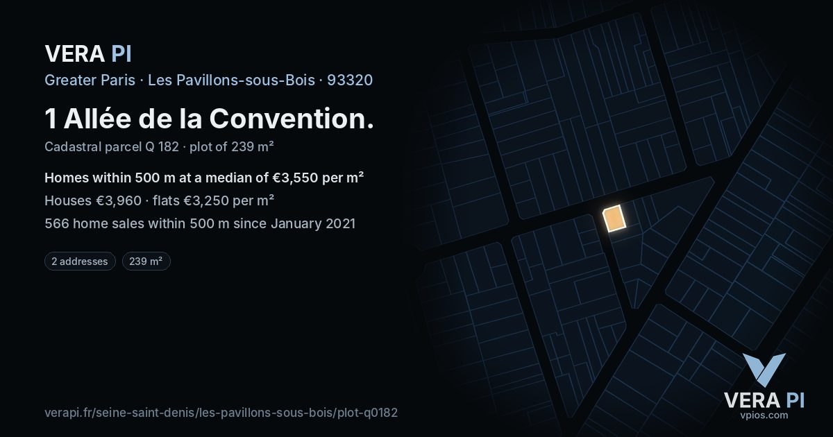 1 Allée de la Convention, Les Pavillons-sous-Bois at night – the plot lit, the parcels around coloured by the prices near them