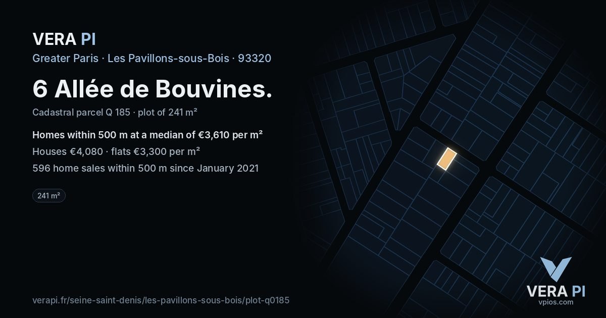 6 Allée de Bouvines, Les Pavillons-sous-Bois at night – the plot lit, the parcels around coloured by the prices near them