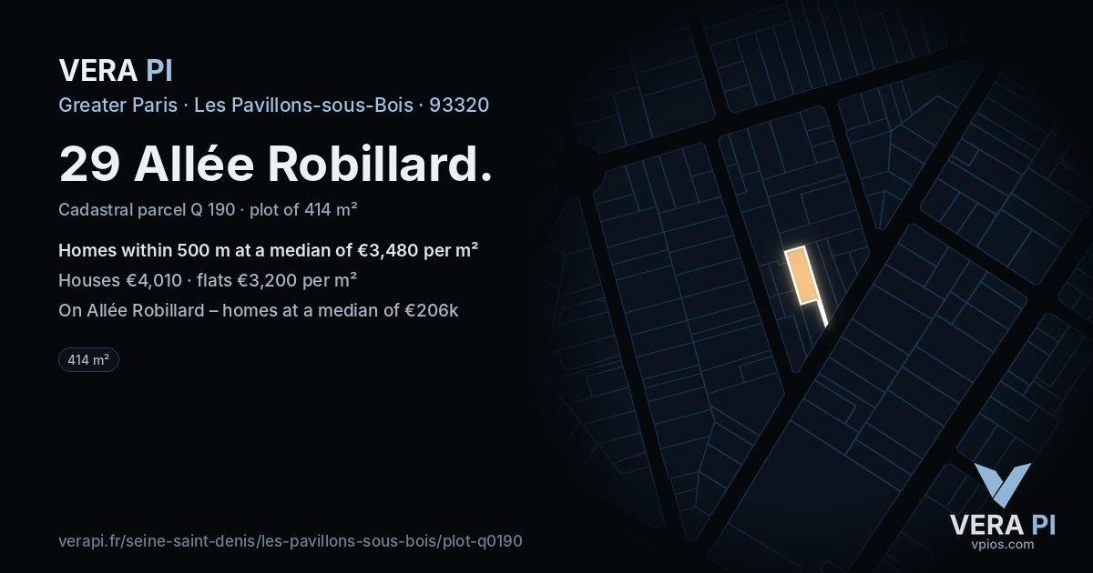 29 Allée Robillard, Les Pavillons-sous-Bois at night – the plot lit, the parcels around coloured by the prices near them