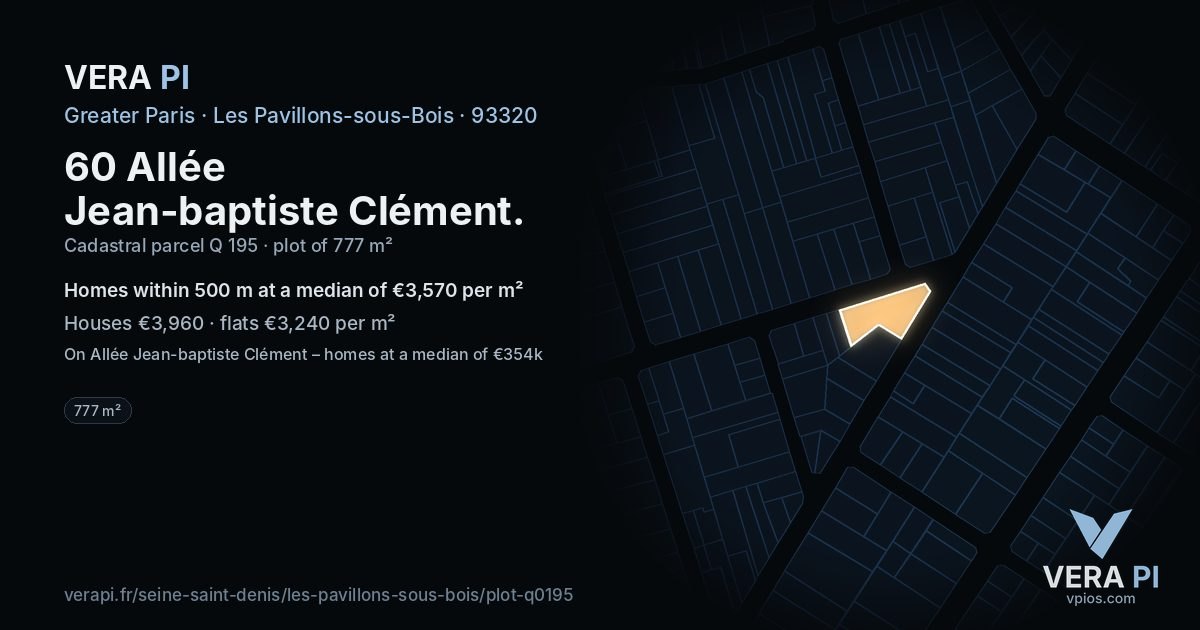 60 Allée Jean-baptiste Clément, Les Pavillons-sous-Bois at night – the plot lit, the parcels around coloured by the prices near them