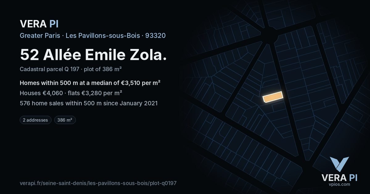 52 Allée Emile Zola, Les Pavillons-sous-Bois at night – the plot lit, the parcels around coloured by the prices near them