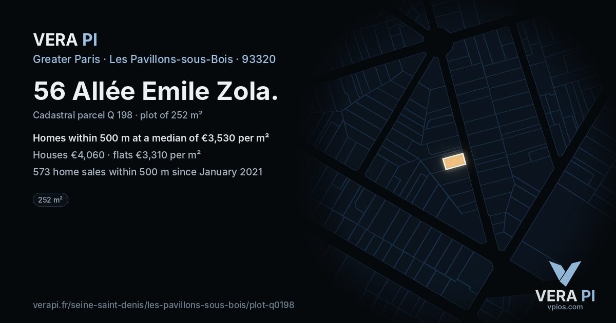 56 Allée Emile Zola, Les Pavillons-sous-Bois at night – the plot lit, the parcels around coloured by the prices near them