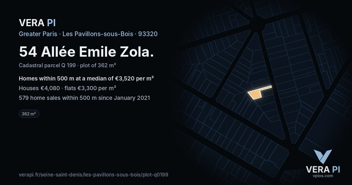 54 Allée Emile Zola, Les Pavillons-sous-Bois at night – the plot lit, the parcels around coloured by the prices near them