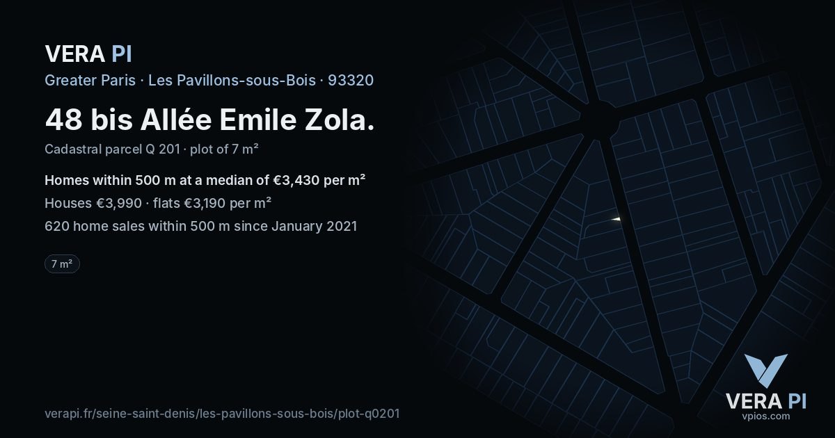 48 bis Allée Emile Zola, Les Pavillons-sous-Bois at night – the plot lit, the parcels around coloured by the prices near them