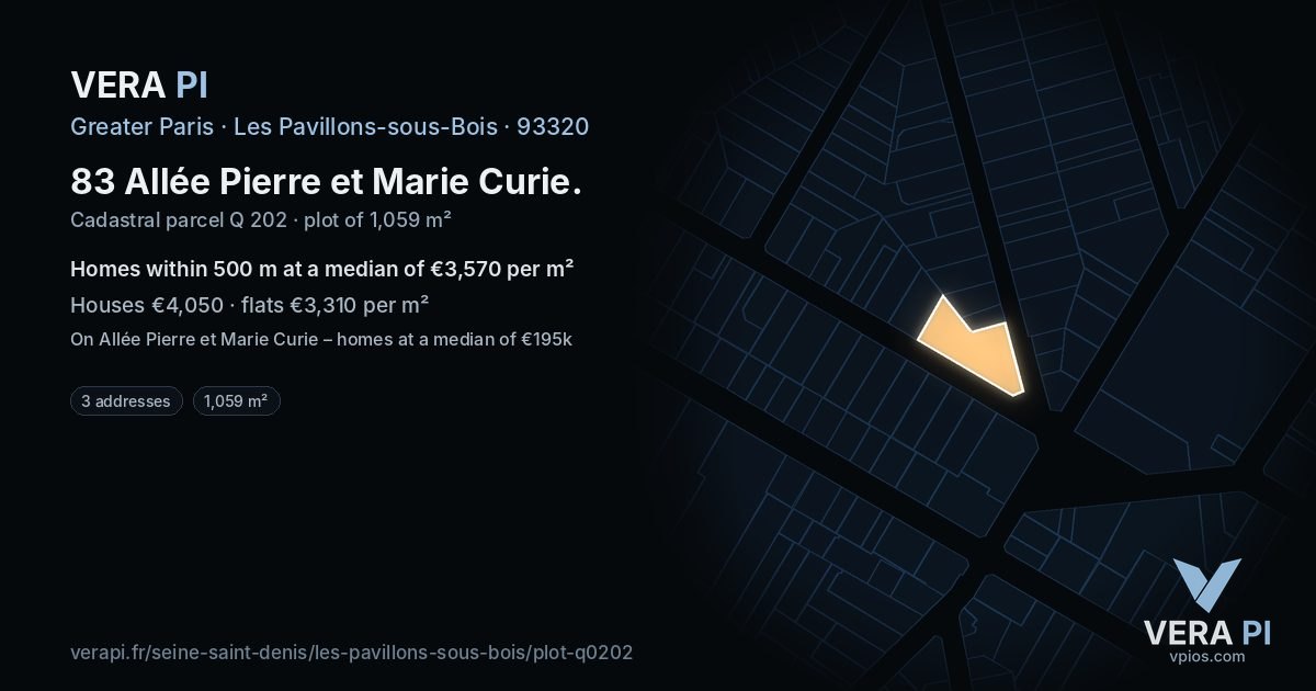 83 Allée Pierre et Marie Curie, Les Pavillons-sous-Bois at night – the plot lit, the parcels around coloured by the prices near them