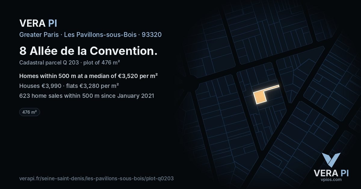 8 Allée de la Convention, Les Pavillons-sous-Bois at night – the plot lit, the parcels around coloured by the prices near them