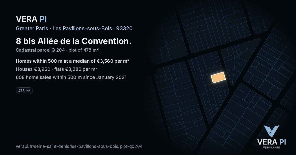 8 bis Allée de la Convention, Les Pavillons-sous-Bois at night – the plot lit, the parcels around coloured by the prices near them