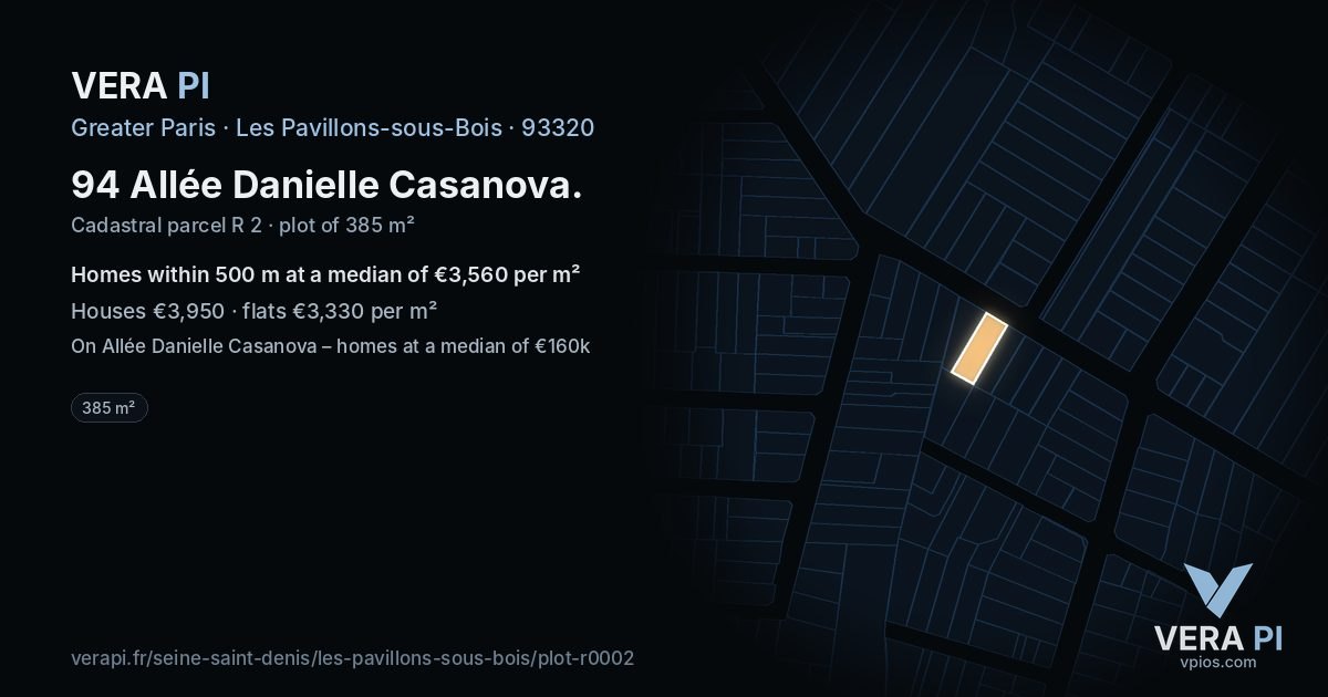 94 Allée Danielle Casanova, Les Pavillons-sous-Bois at night – the plot lit, the parcels around coloured by the prices near them