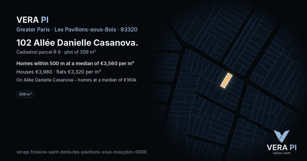 102 Allée Danielle Casanova, Les Pavillons-sous-Bois at night – the plot lit, the parcels around coloured by the prices near them