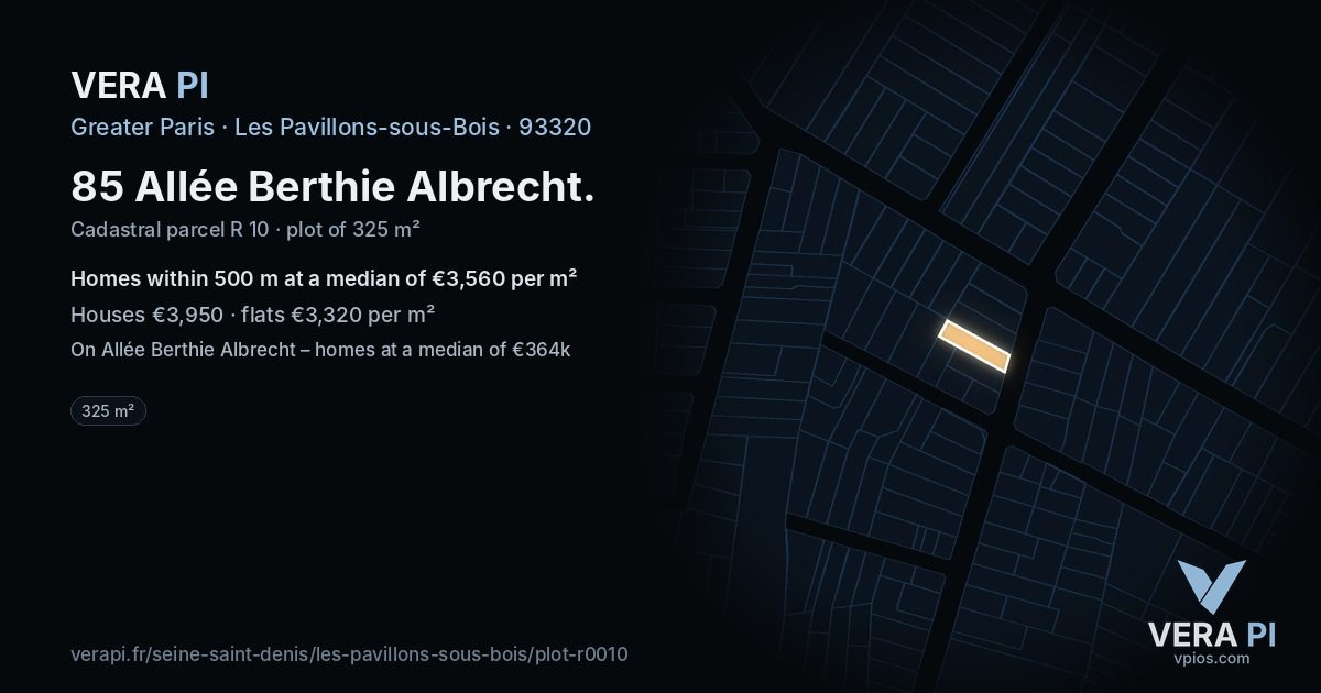 85 Allée Berthie Albrecht, Les Pavillons-sous-Bois at night – the plot lit, the parcels around coloured by the prices near them