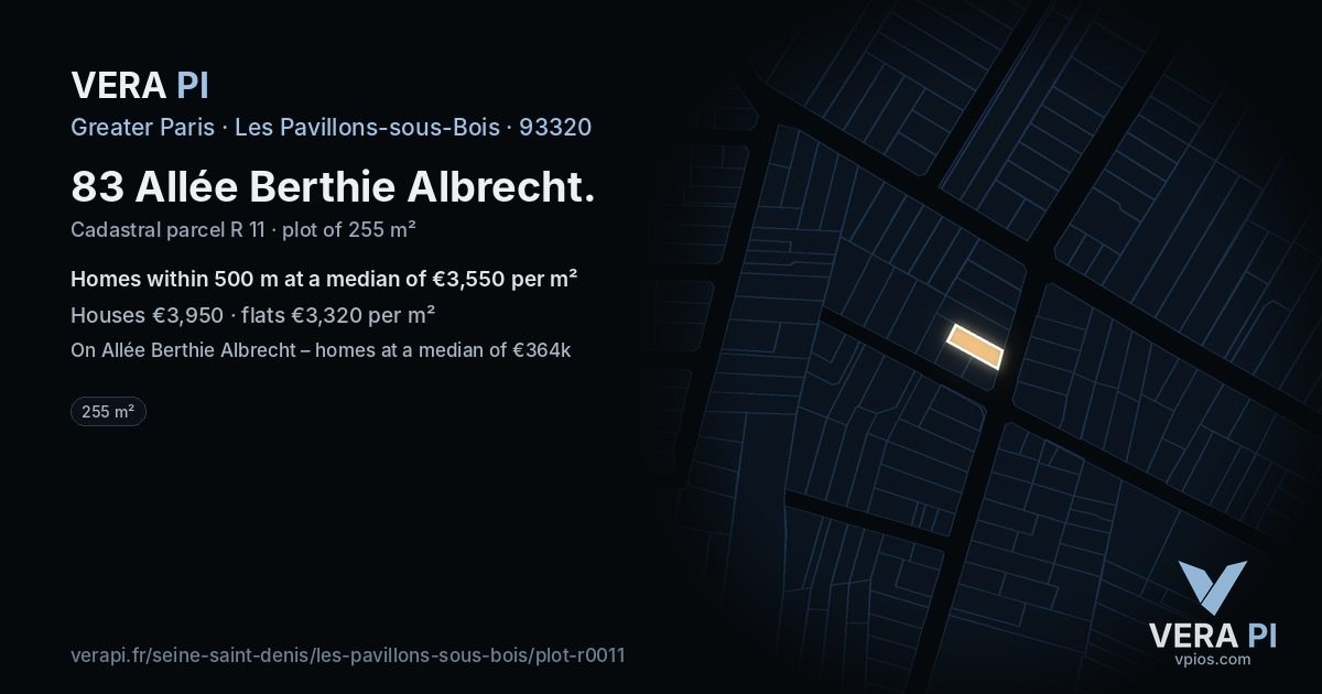 83 Allée Berthie Albrecht, Les Pavillons-sous-Bois at night – the plot lit, the parcels around coloured by the prices near them