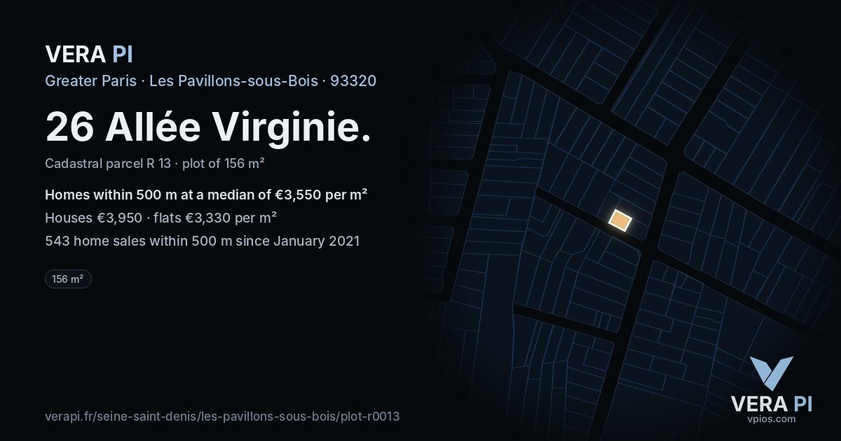 26 Allée Virginie, Les Pavillons-sous-Bois at night – the plot lit, the parcels around coloured by the prices near them