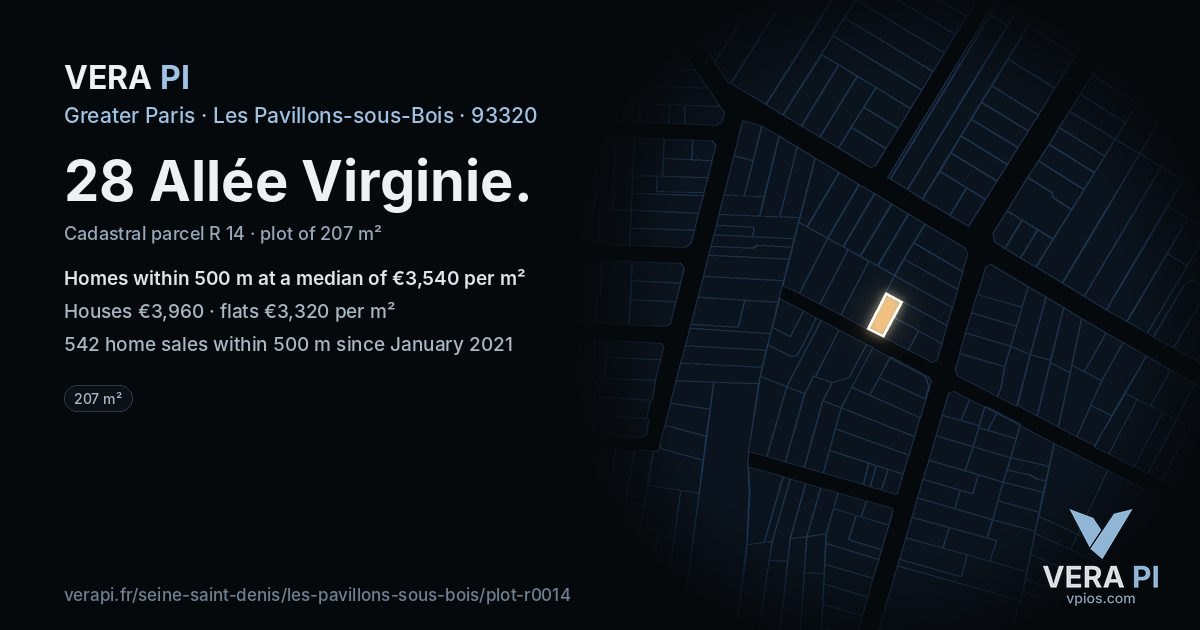 28 Allée Virginie, Les Pavillons-sous-Bois at night – the plot lit, the parcels around coloured by the prices near them