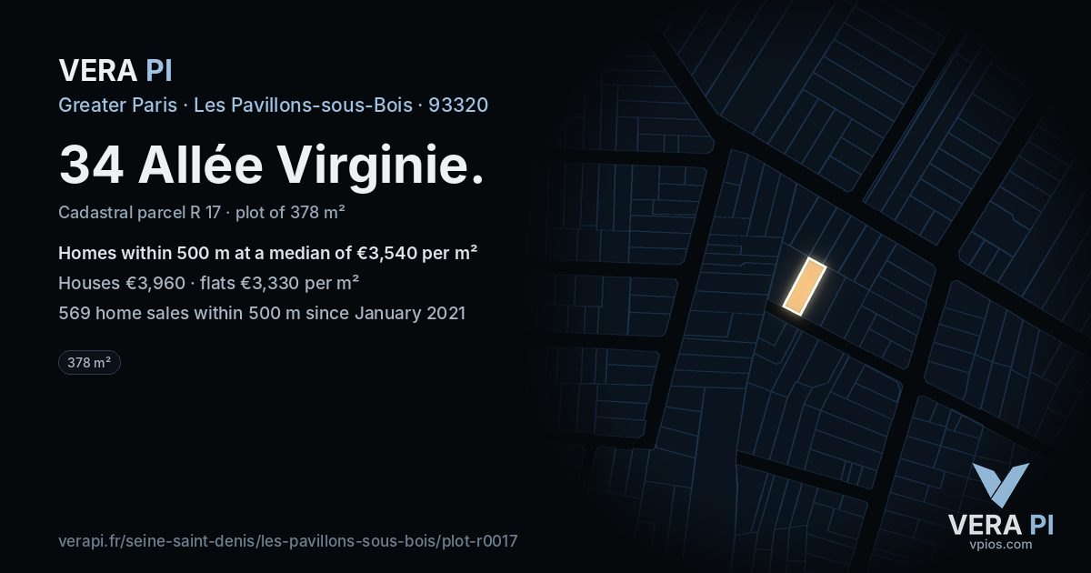 34 Allée Virginie, Les Pavillons-sous-Bois at night – the plot lit, the parcels around coloured by the prices near them