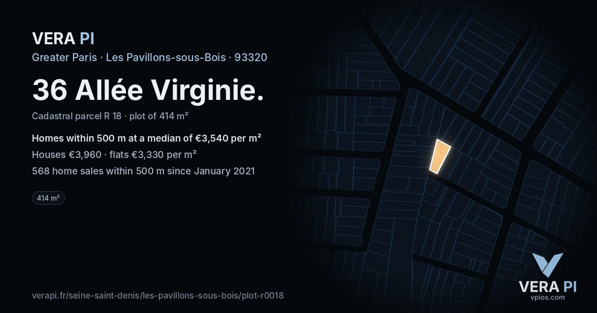 36 Allée Virginie, Les Pavillons-sous-Bois at night – the plot lit, the parcels around coloured by the prices near them