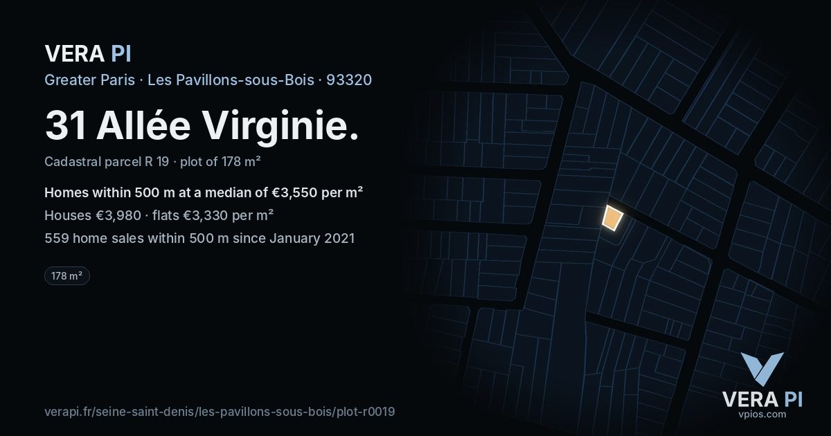 31 Allée Virginie, Les Pavillons-sous-Bois at night – the plot lit, the parcels around coloured by the prices near them