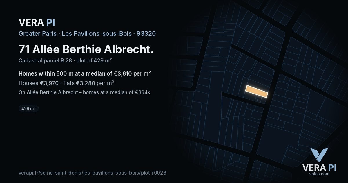 71 Allée Berthie Albrecht, Les Pavillons-sous-Bois at night – the plot lit, the parcels around coloured by the prices near them