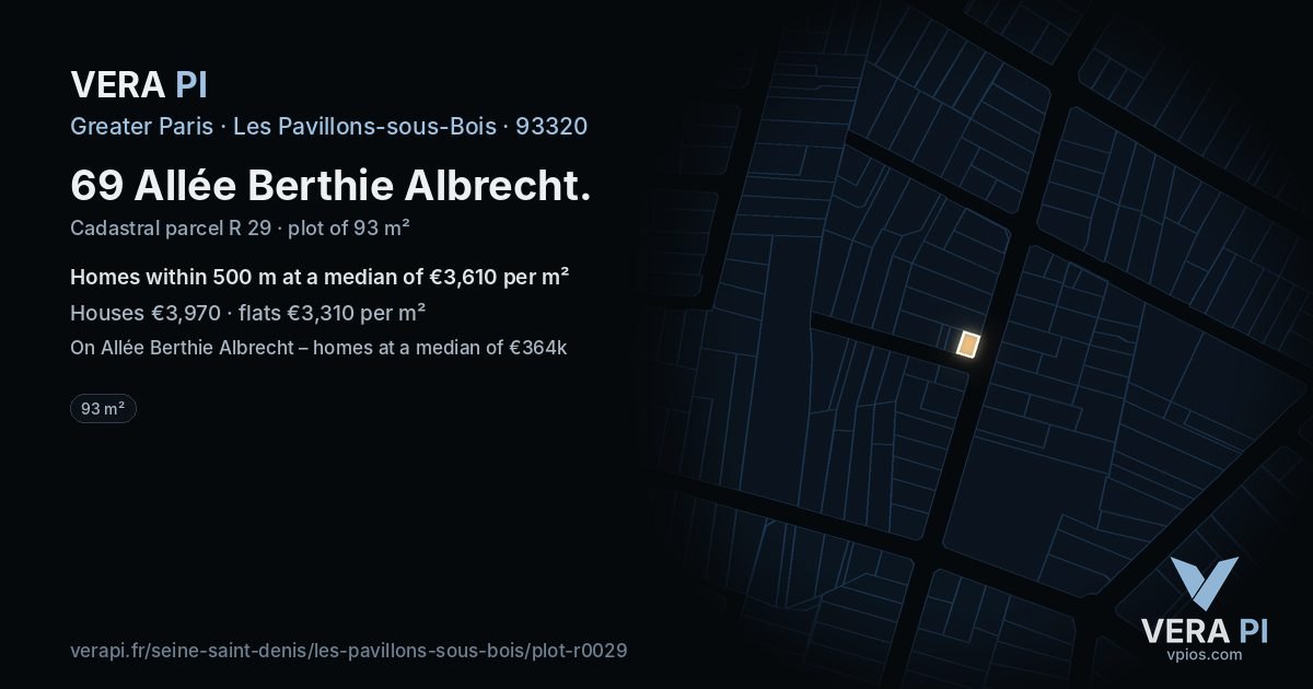 69 Allée Berthie Albrecht, Les Pavillons-sous-Bois at night – the plot lit, the parcels around coloured by the prices near them