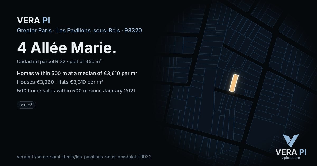 4 Allée Marie, Les Pavillons-sous-Bois at night – the plot lit, the parcels around coloured by the prices near them