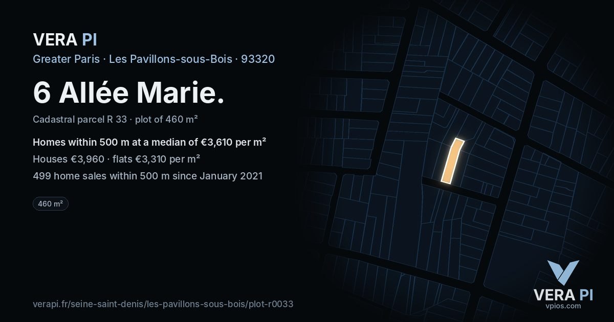 6 Allée Marie, Les Pavillons-sous-Bois at night – the plot lit, the parcels around coloured by the prices near them