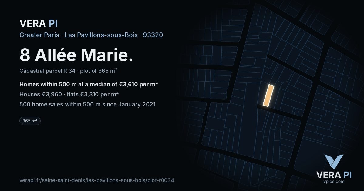 8 Allée Marie, Les Pavillons-sous-Bois at night – the plot lit, the parcels around coloured by the prices near them
