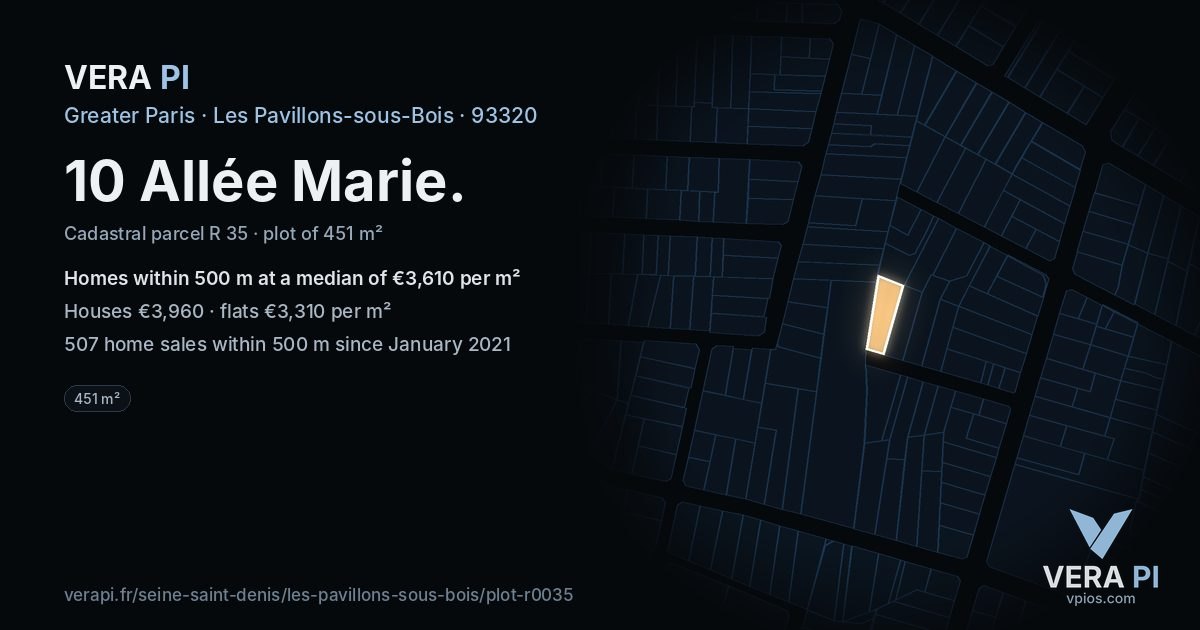 10 Allée Marie, Les Pavillons-sous-Bois at night – the plot lit, the parcels around coloured by the prices near them