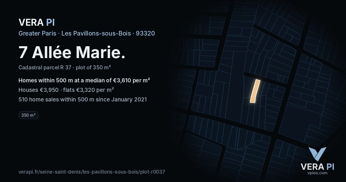 7 Allée Marie, Les Pavillons-sous-Bois at night – the plot lit, the parcels around coloured by the prices near them