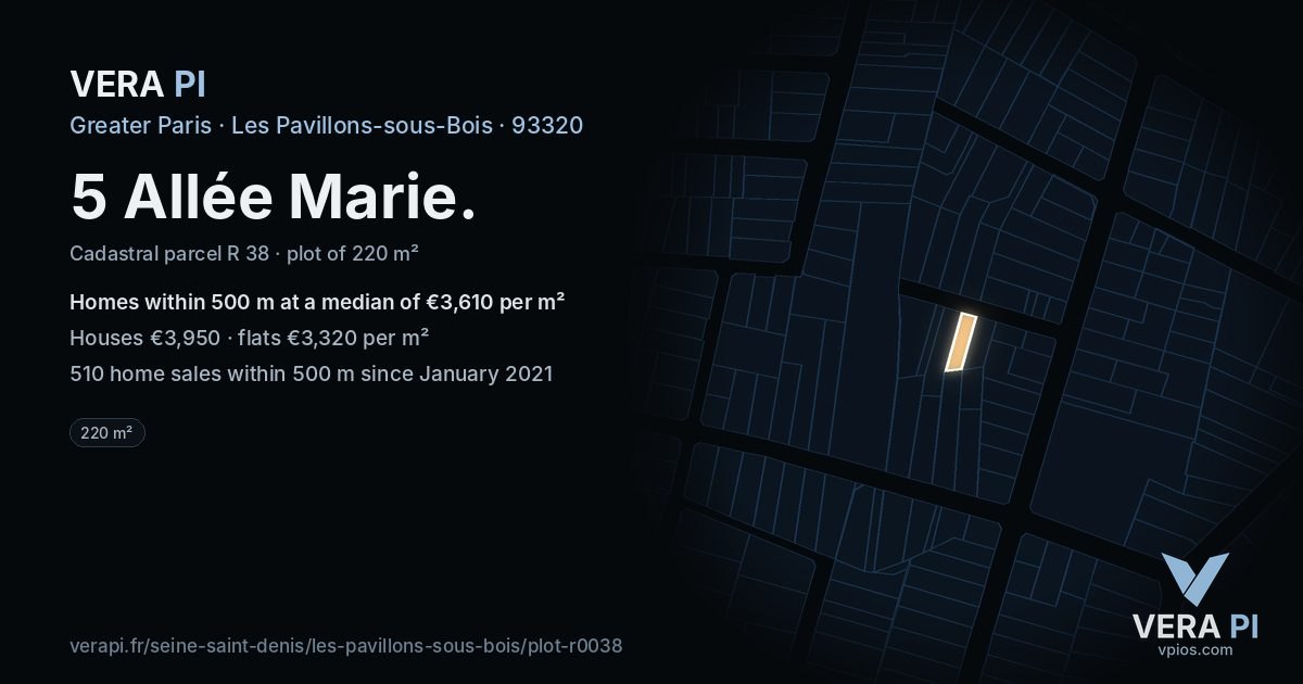 5 Allée Marie, Les Pavillons-sous-Bois at night – the plot lit, the parcels around coloured by the prices near them