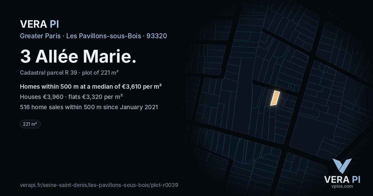 3 Allée Marie, Les Pavillons-sous-Bois at night – the plot lit, the parcels around coloured by the prices near them