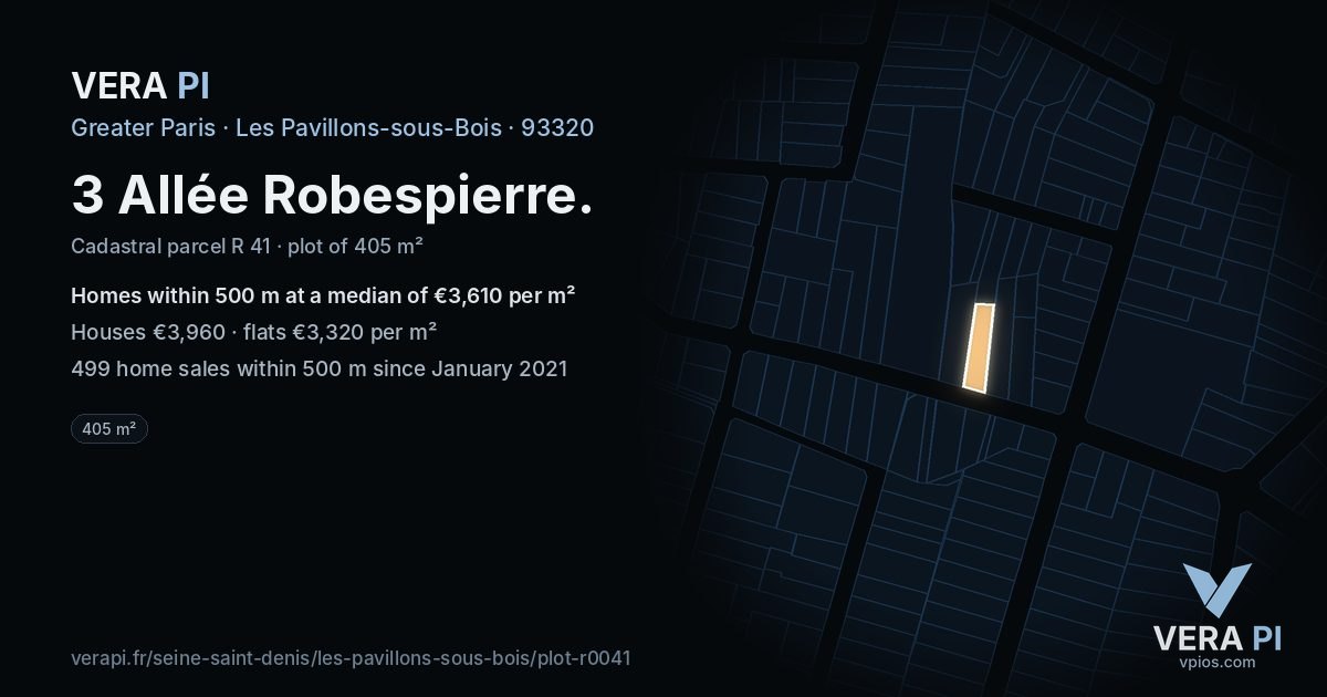 3 Allée Robespierre, Les Pavillons-sous-Bois at night – the plot lit, the parcels around coloured by the prices near them