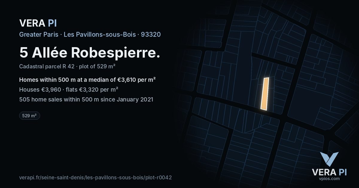5 Allée Robespierre, Les Pavillons-sous-Bois at night – the plot lit, the parcels around coloured by the prices near them