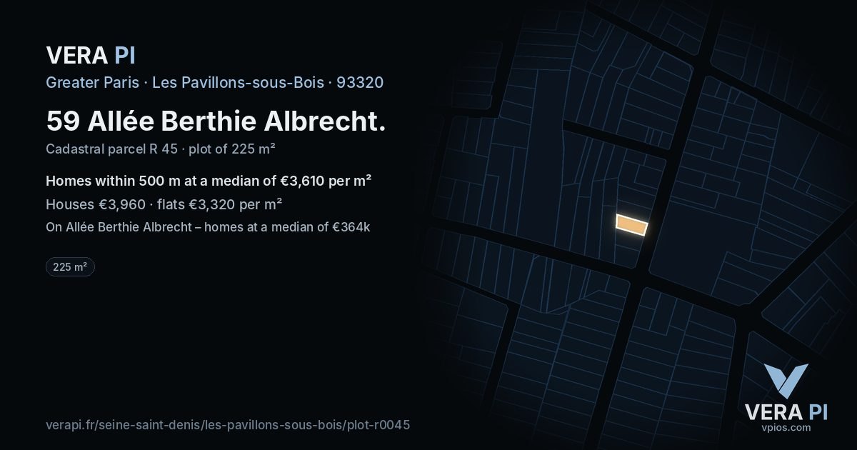 59 Allée Berthie Albrecht, Les Pavillons-sous-Bois at night – the plot lit, the parcels around coloured by the prices near them