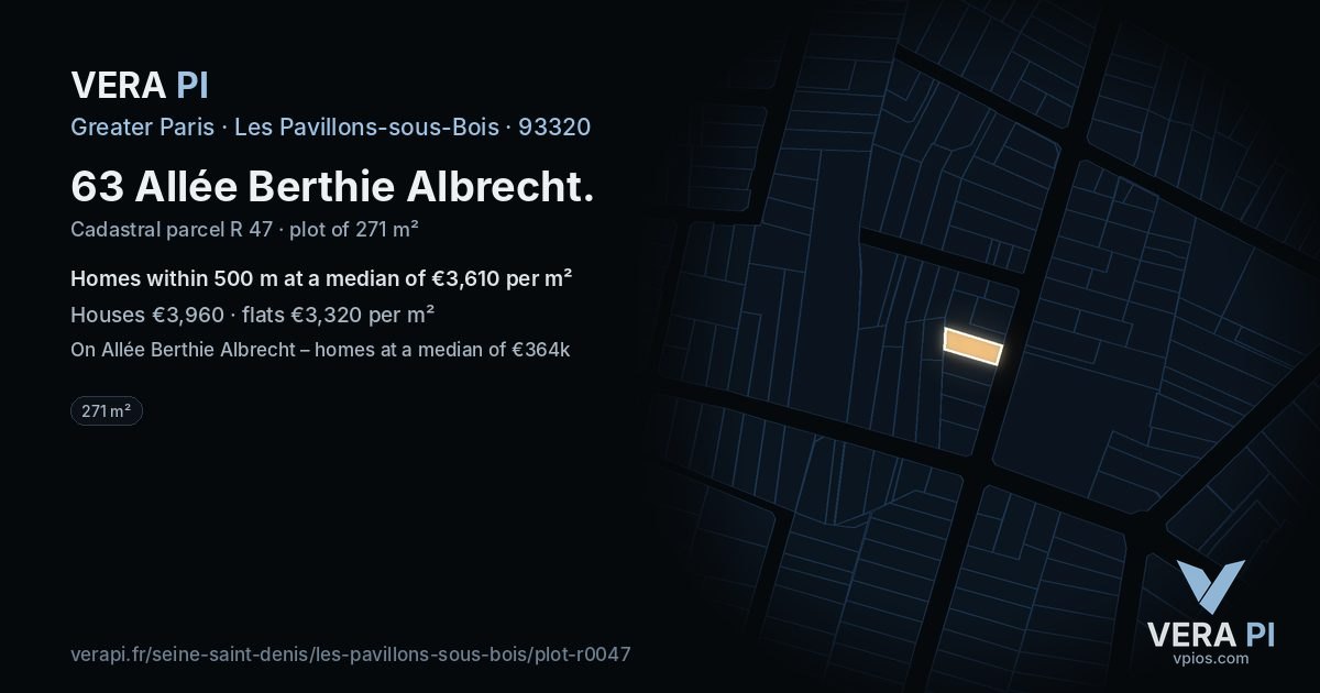 63 Allée Berthie Albrecht, Les Pavillons-sous-Bois at night – the plot lit, the parcels around coloured by the prices near them