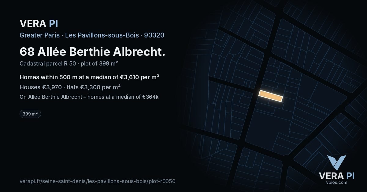 68 Allée Berthie Albrecht, Les Pavillons-sous-Bois at night – the plot lit, the parcels around coloured by the prices near them