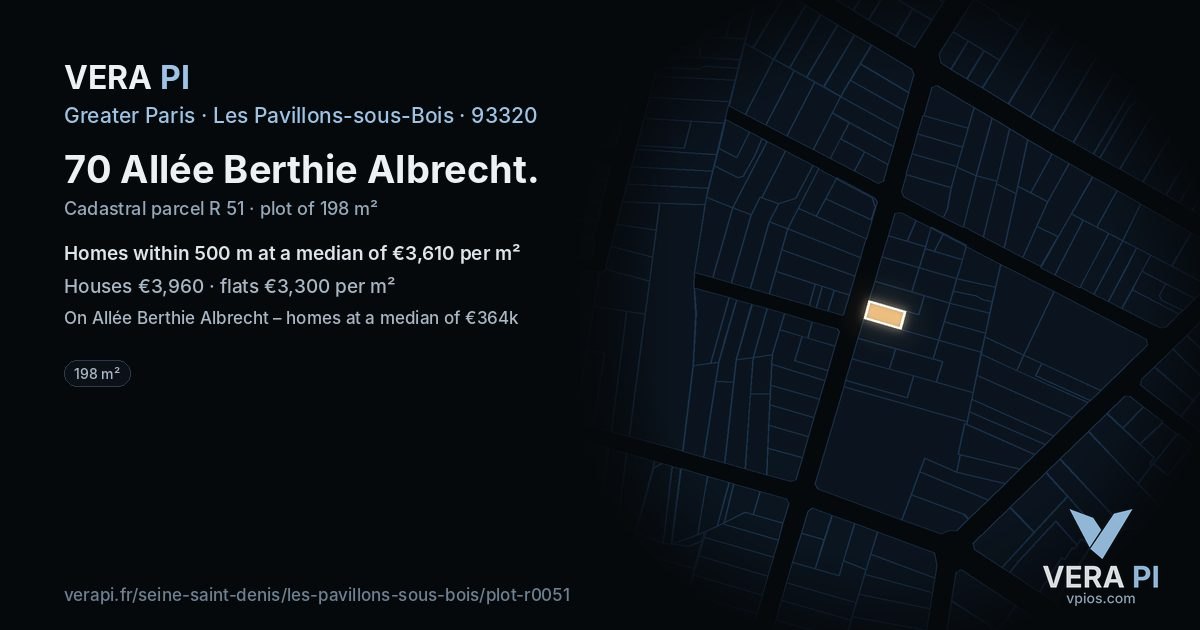 70 Allée Berthie Albrecht, Les Pavillons-sous-Bois at night – the plot lit, the parcels around coloured by the prices near them