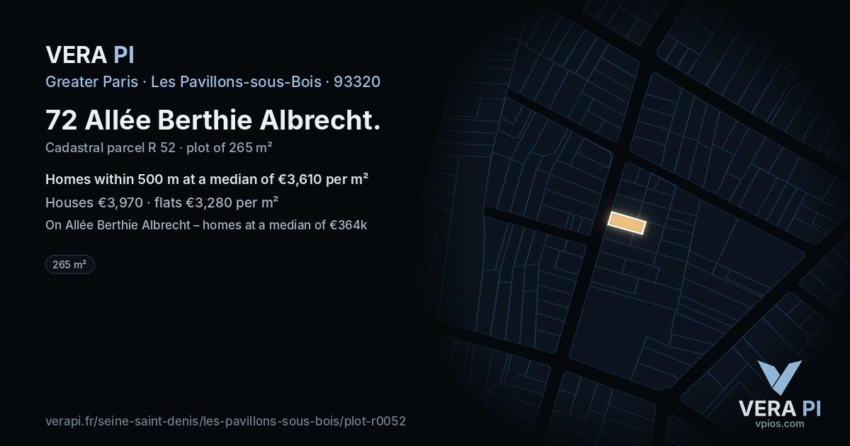 72 Allée Berthie Albrecht, Les Pavillons-sous-Bois at night – the plot lit, the parcels around coloured by the prices near them