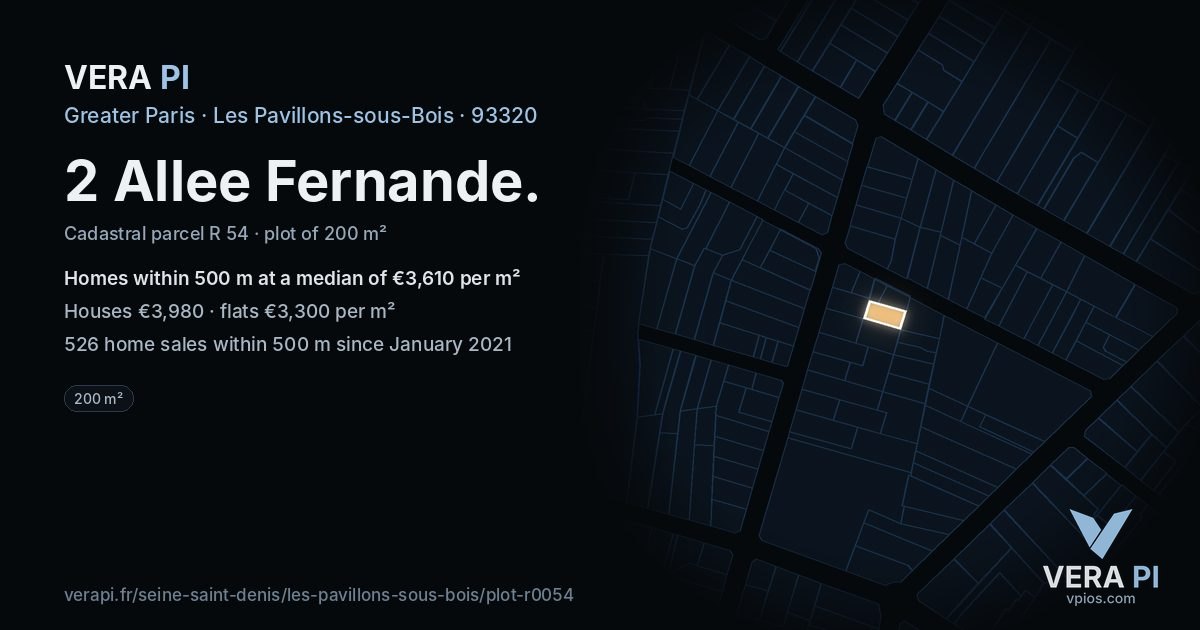 2 Allee Fernande, Les Pavillons-sous-Bois at night – the plot lit, the parcels around coloured by the prices near them