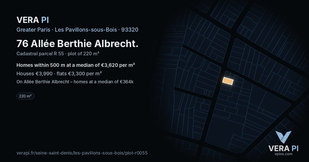 76 Allée Berthie Albrecht, Les Pavillons-sous-Bois at night – the plot lit, the parcels around coloured by the prices near them