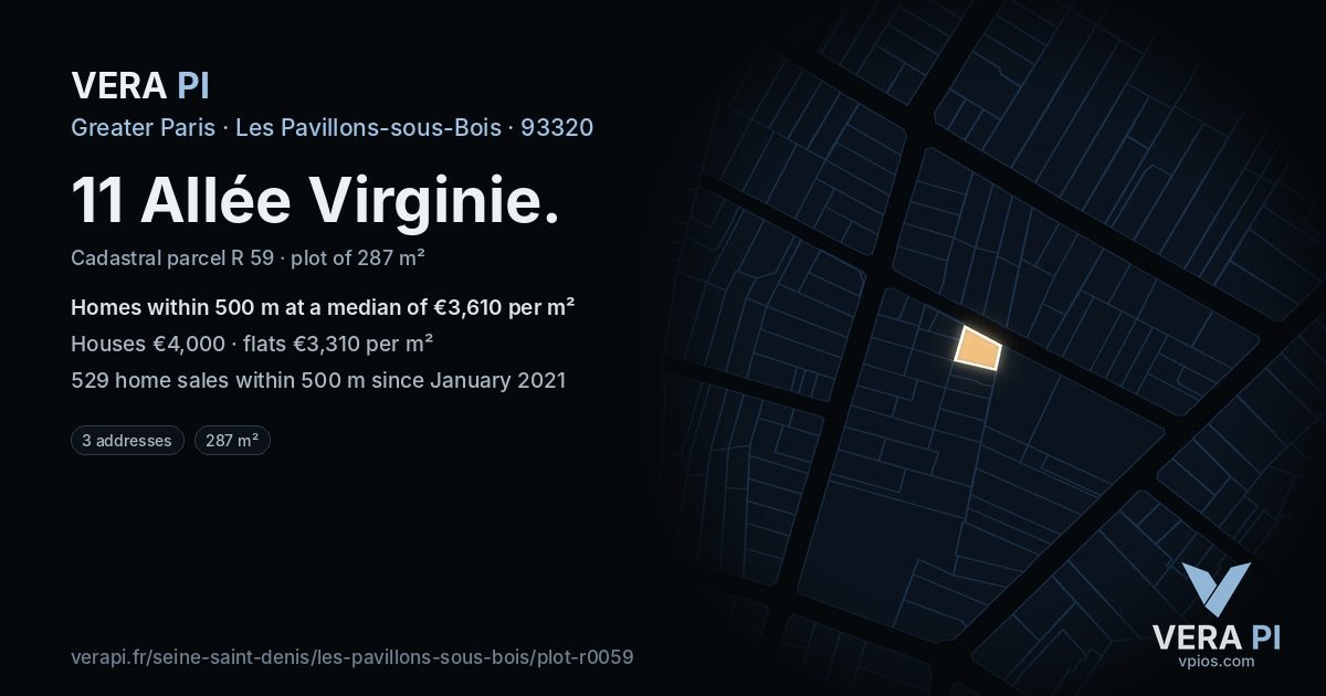 11 Allée Virginie, Les Pavillons-sous-Bois at night – the plot lit, the parcels around coloured by the prices near them