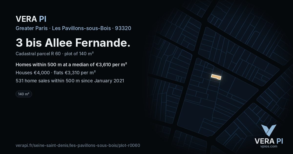 3 bis Allee Fernande, Les Pavillons-sous-Bois at night – the plot lit, the parcels around coloured by the prices near them