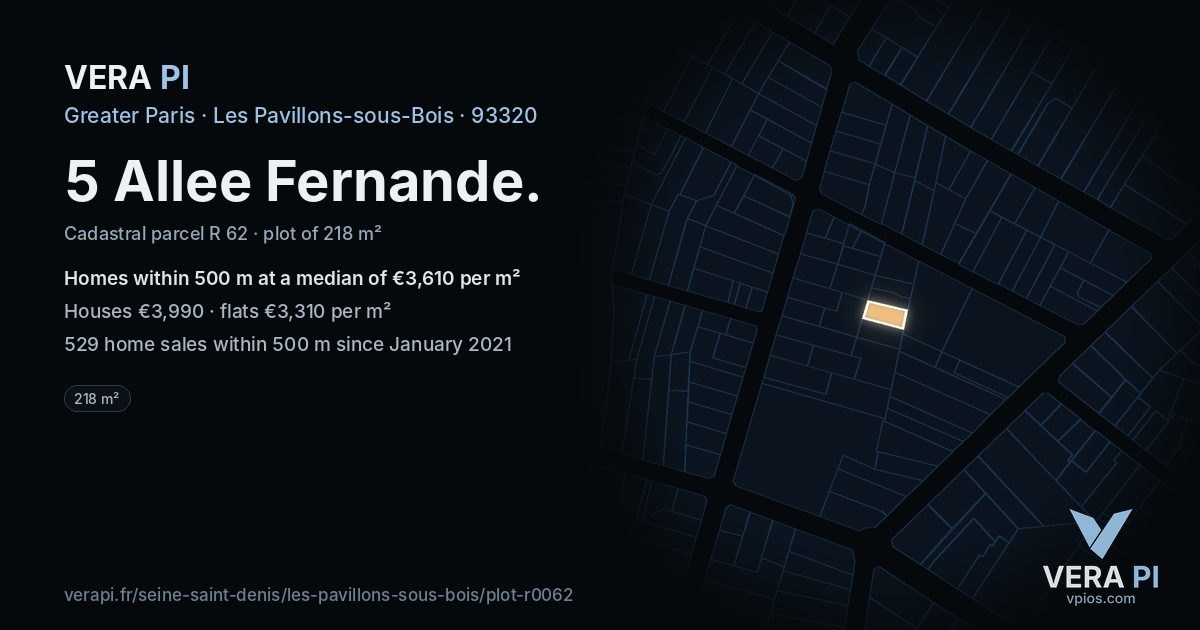 5 Allee Fernande, Les Pavillons-sous-Bois at night – the plot lit, the parcels around coloured by the prices near them