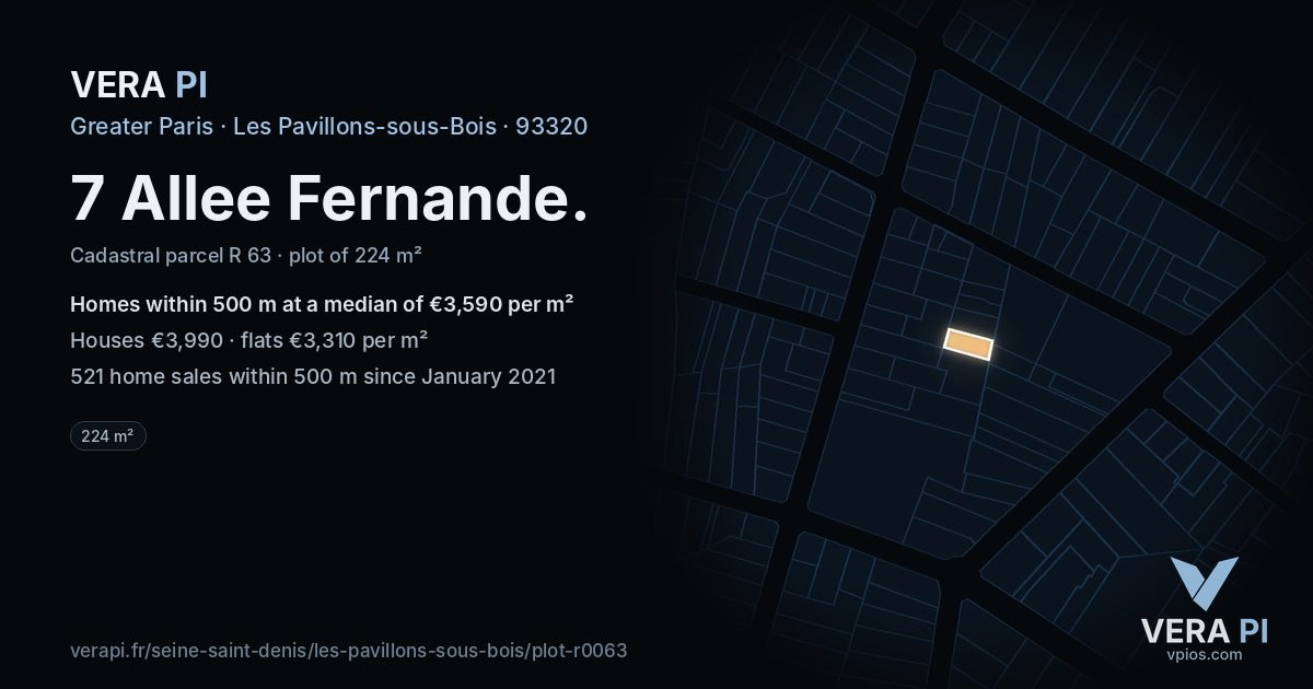 7 Allee Fernande, Les Pavillons-sous-Bois at night – the plot lit, the parcels around coloured by the prices near them