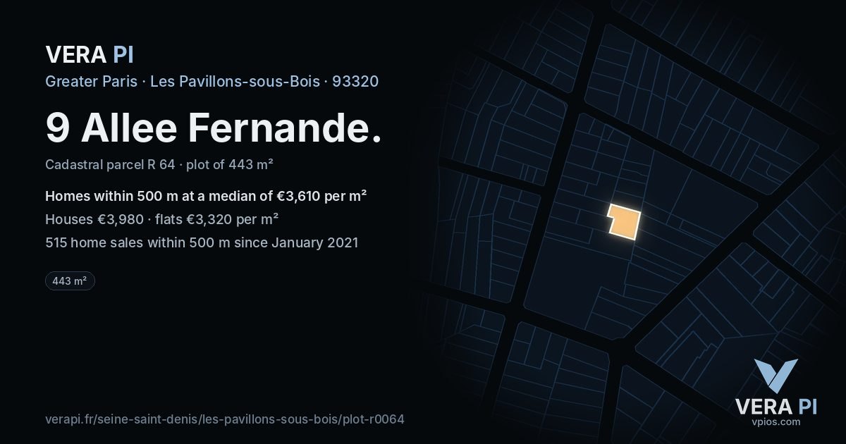 9 Allee Fernande, Les Pavillons-sous-Bois at night – the plot lit, the parcels around coloured by the prices near them